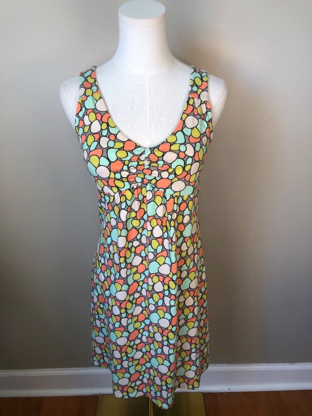 Boden Colorful Mosaic Pebble Print Sleeveless Ruched Cotton Stretch Dress Sz 4P